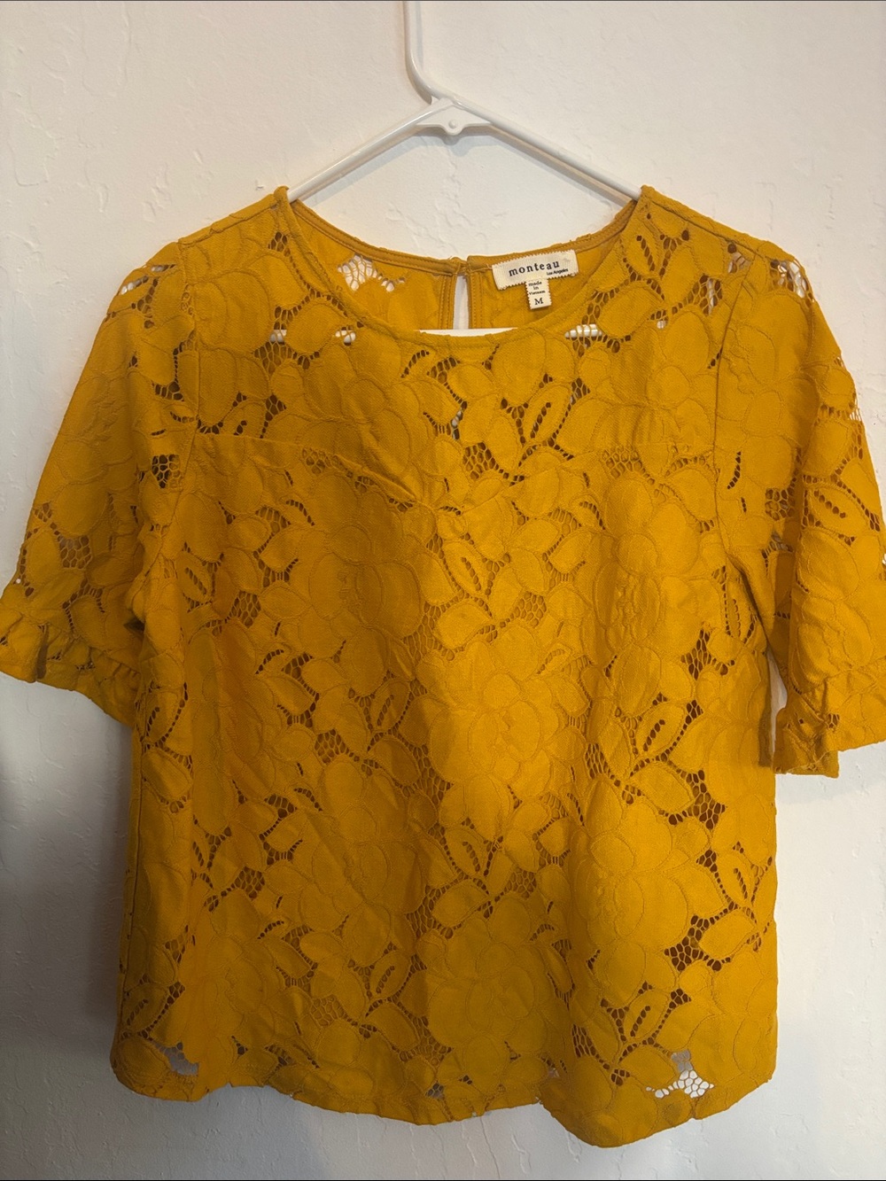 Monteau Mustard Floral Lace Short Sleeve Blouse
